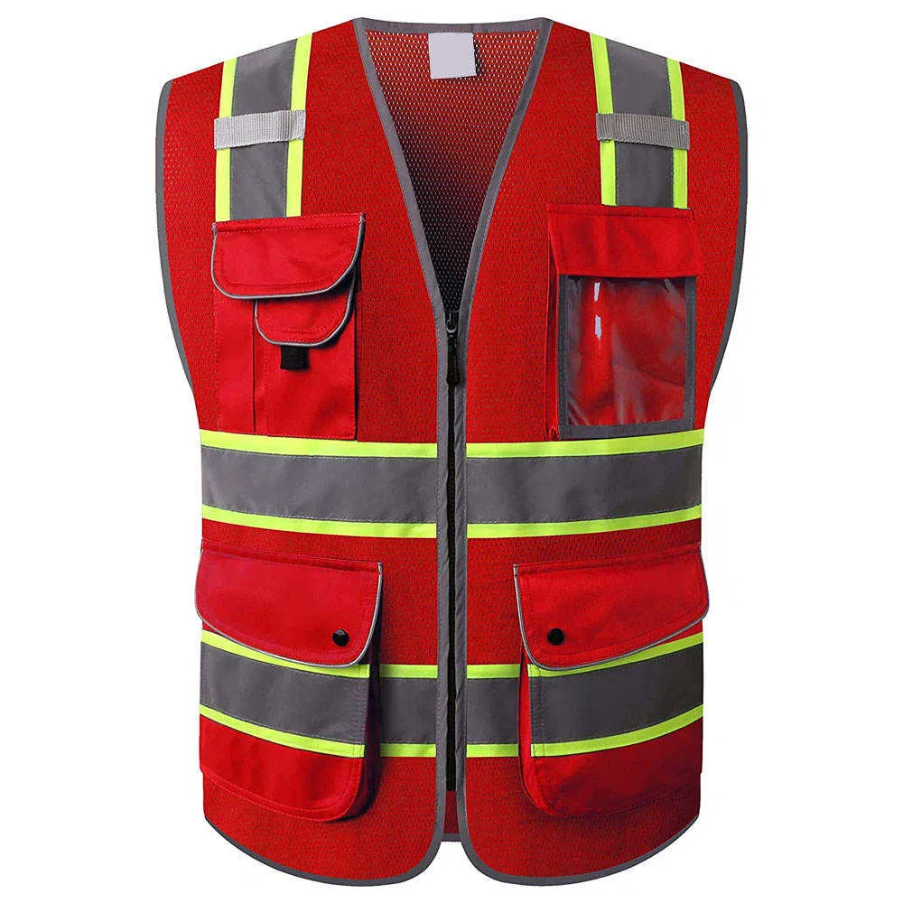 High Visibility Construction Red Reflective Vest with Zippered Pockets