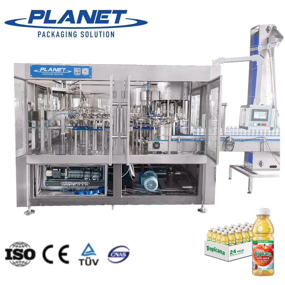 Linea di produzione completamente automatica per il riempimento a caldo di succo concentrato di frutta in bottiglie in PET con fardellatrice, confezionatrice in cartoni, pallettizzatore, basso costo di manodopera