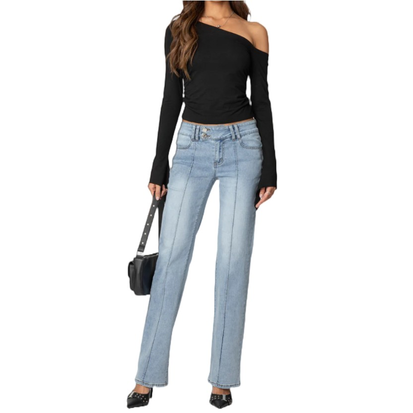 Customized European and American Fashion Blue Washed Straight Silhouette Jeans