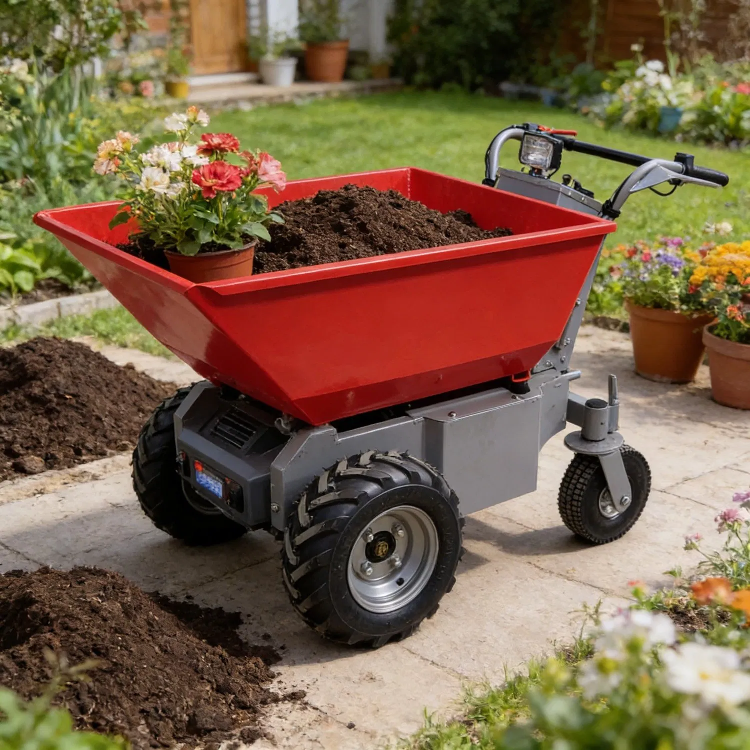Industrial Grade 1000W 48V Brushless Motor 500kg Loading Capacity Hydraulic System 16 Inch Tubeless Tire Battery Powered Mini Dumper