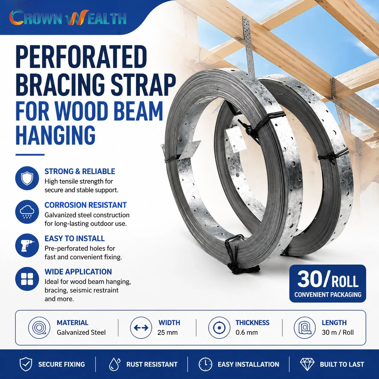 Custom 30m/Roll Flexible Hanging Strip Galvanized Steel Perforated Bracing Strap