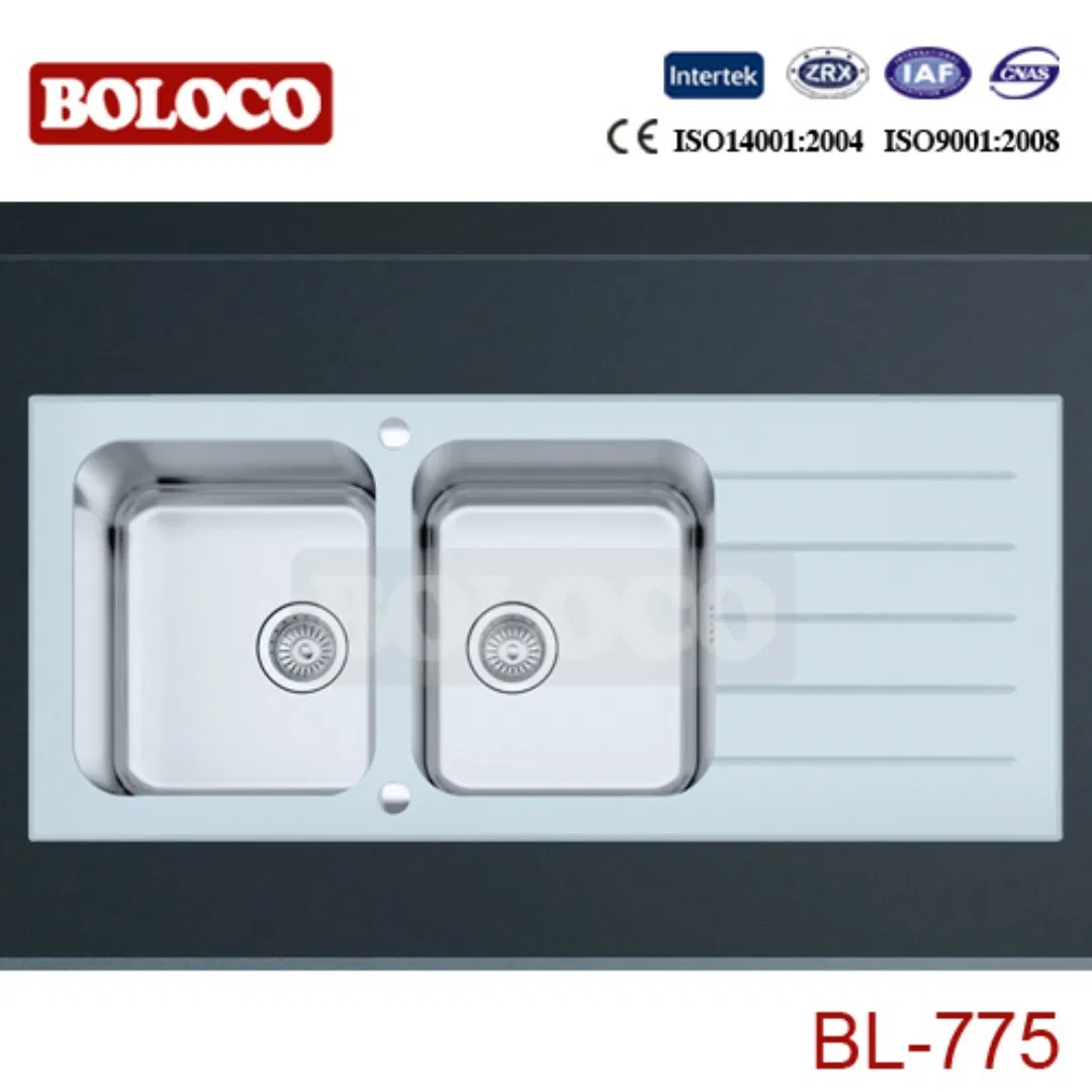 Modern Style White Glass Board Stainless Steel Double Bowl Kitchen Basin Sink (BL-775)