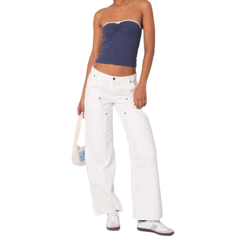 Customized White Jeans Pants with Decorative Studs, Stylish and Form-Fitting Design