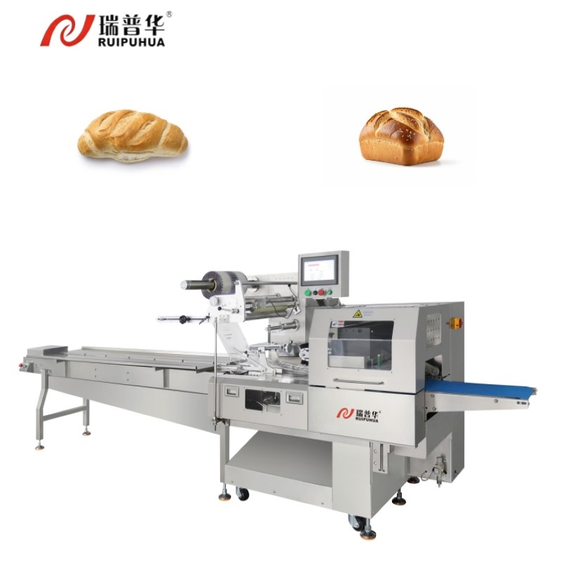 Macchina confezionatrice orizzontale per alimenti da forno, pane, torte, biscotti con sacchetto di plastica e cuscino
