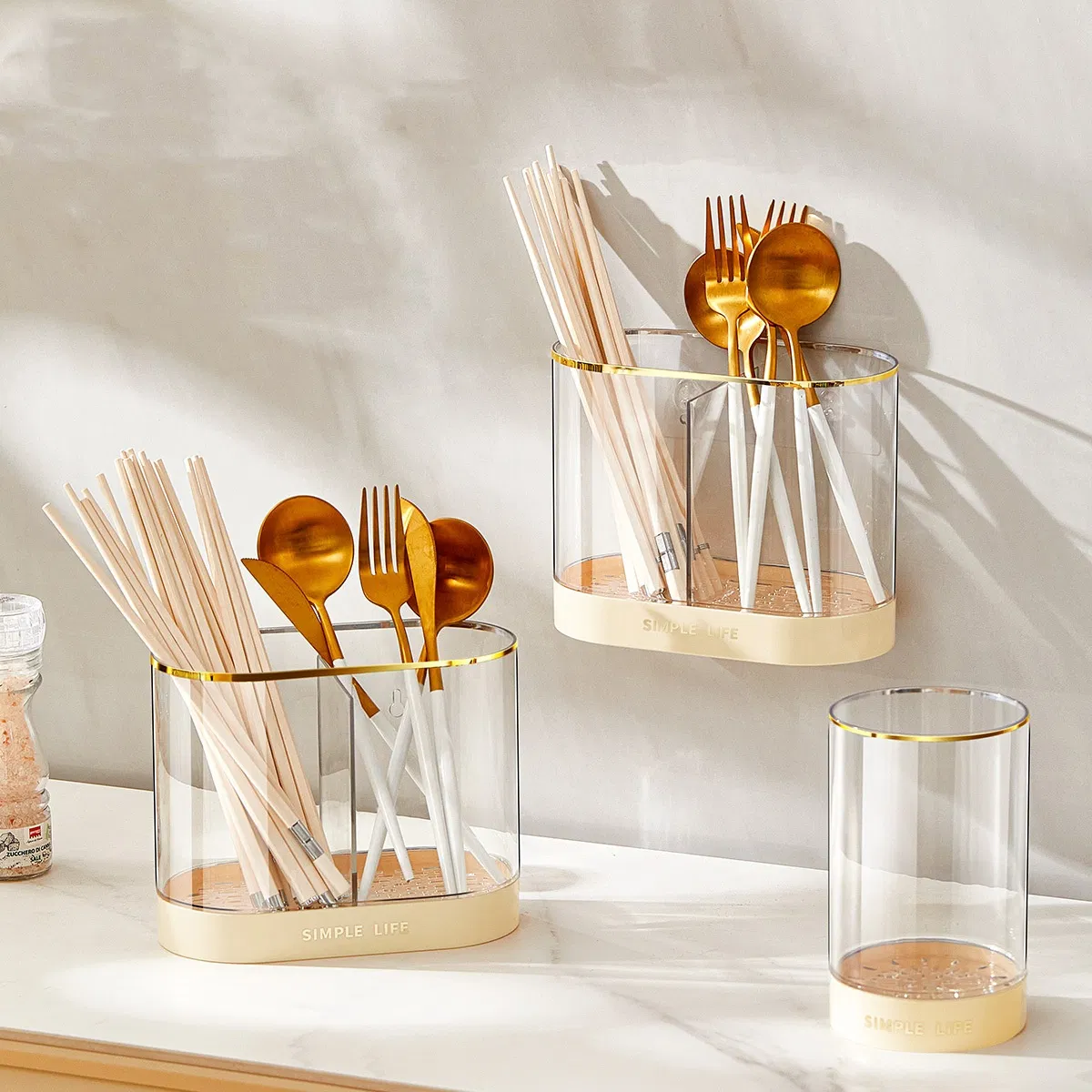 Wall Mounted Chopstick Organizer Drainage Tube Countertop Storage Shelf