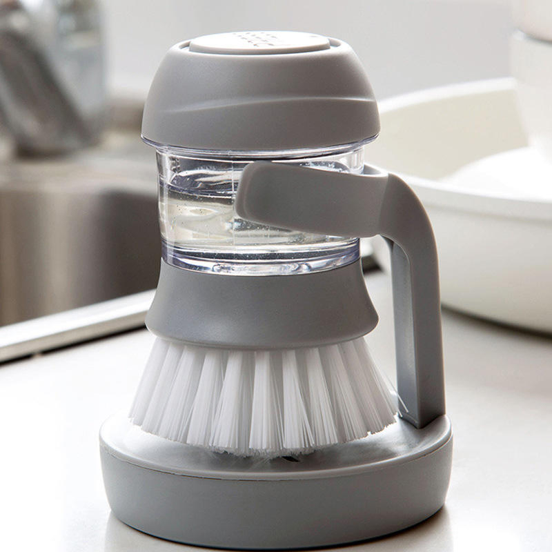 Brosse à vaisselle distributrice de savon 1 pression, réservoir rechargeable, contrôle précis du débit pour assiettes et casseroles, prise ergonomique antidérapante, brosse à savon pour vaisselle
