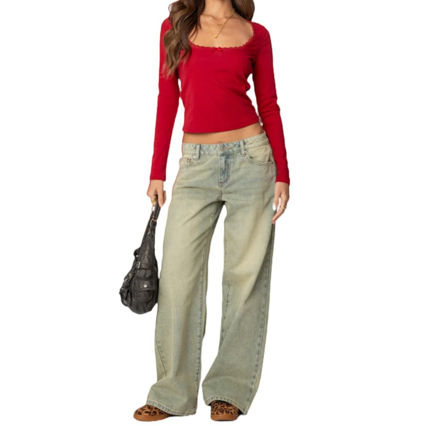 European and American Style Women's Denim Washed and Distressed High-Waisted Loose-Fitting Style