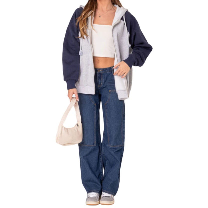 Customized Ladies' Dark Blue Rivet Patch Fashion Jeans