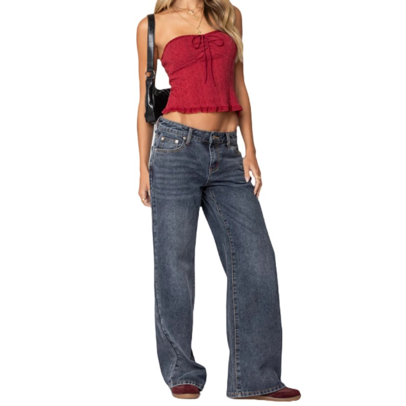 European and American Style Fashionable Ladies' High-Waisted Personalized Washed Wide-Leg Jeans
