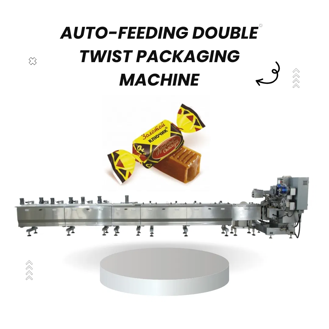 Macchina automatica per il confezionamento a doppia torsione di caramelle al cioccolato e caramello con linea di trasporto