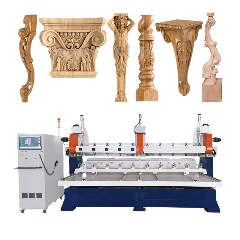 5-Axis CNC Wood Router with Multi Head Rotary for 3D Woodworking