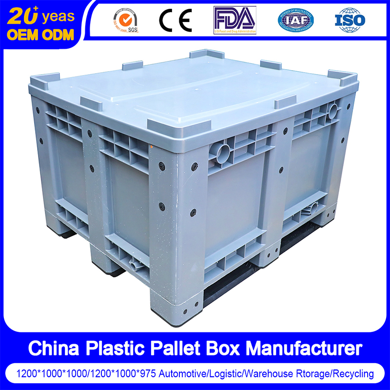 660L HDPE per uso gravoso, grande stoccaggio alla rinfusa, ingresso a quattro vie, grado alimentare, riutilizzabile, impilabile, Euro a doghe/ a pareti piene non ventilate, cassetta in plastica con coperchio/ruote/uscita