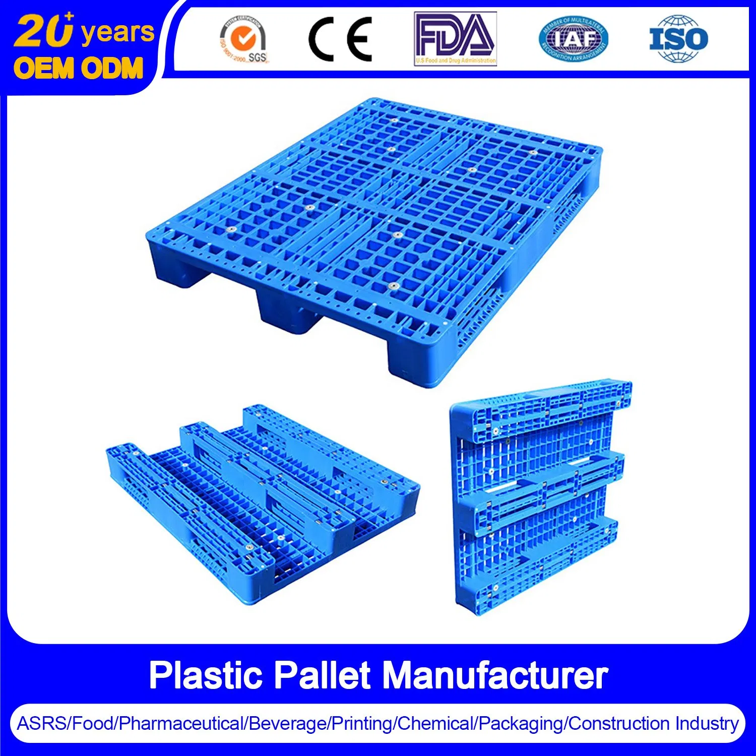 Heavy Duty HDPE Blue Closed Deck 3 Skids Nesting Recycled Euro Hygienic Food Grade Plastic Pallet