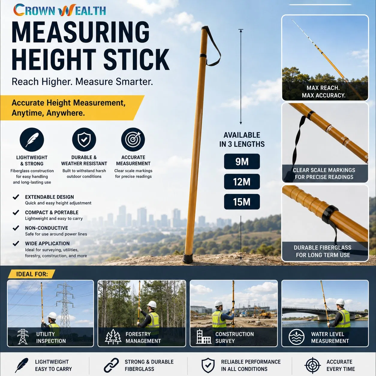 Collapsible Telescopic Fiberglass Surveying Rod 9m 12m 15m Height Measuring Stick for Engineering