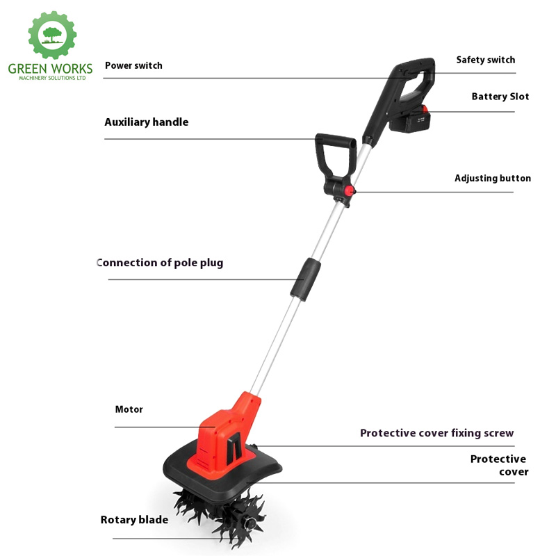 Lightweight Handheld Farm Mini Tiller Cultivator with 300rpm No-Load Speed, 23cm Width for Home Gardens & Fields