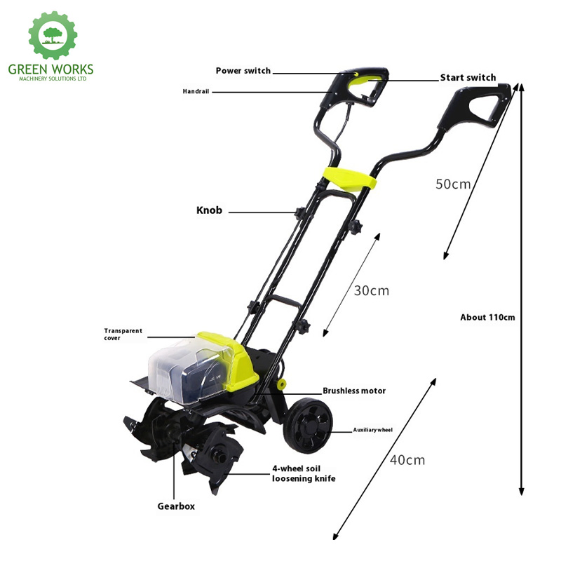 Tiller agricolo senza fili da 40 V a batteria con profondità di lavorazione di 7 pollici, motocoltivatore rotativo per scavo del terreno in giardino e prato