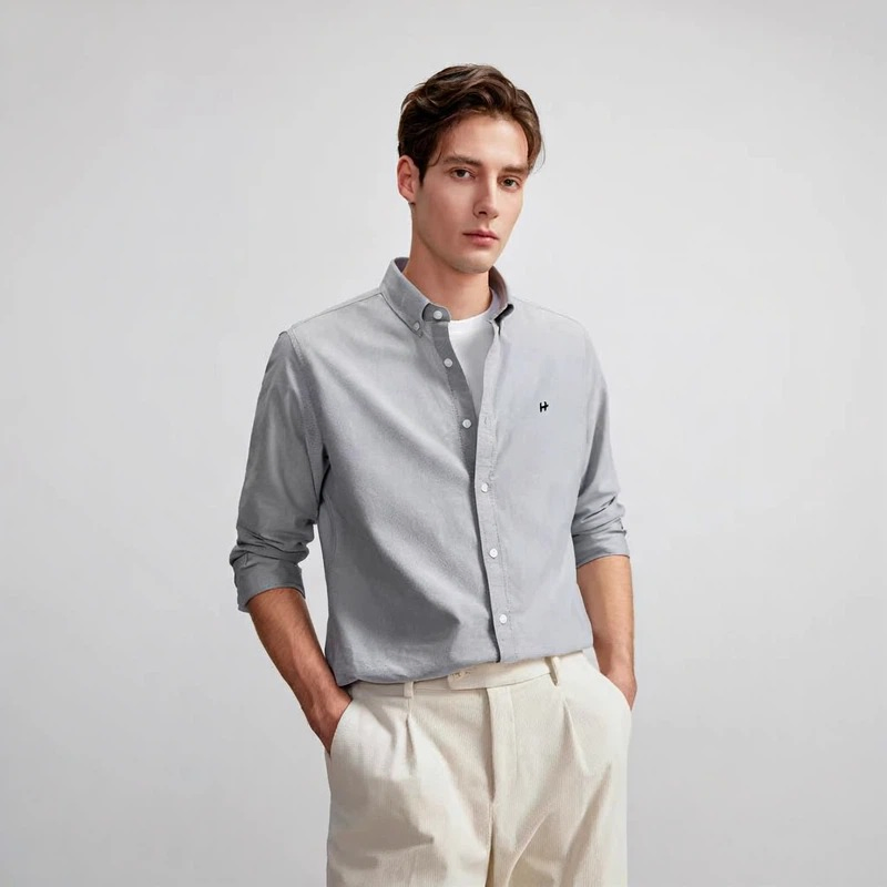 Camicia da uomo personalizzata in cotone oxford lavato a maniche lunghe, a righe, antirughe, facile da stirare, casual da lavoro e da ufficio.