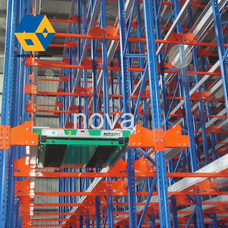 Système de rayonnage industriel automatique pour grand entrepôt bleu orange, système de rayonnage à palettes avec chariot navette radio à 4 voies, poutres de stockage en acier métallique robustes et sélectives