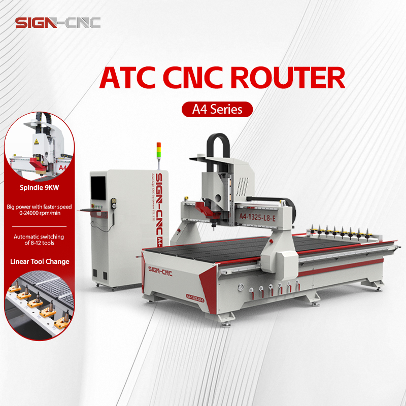 Macchine per la lavorazione del legno su misura con dimensioni personalizzate Router CNC ATC A4-1325-L8-E Taglio, incisione, intaglio e fresatura del legno per mobili e pubblicità