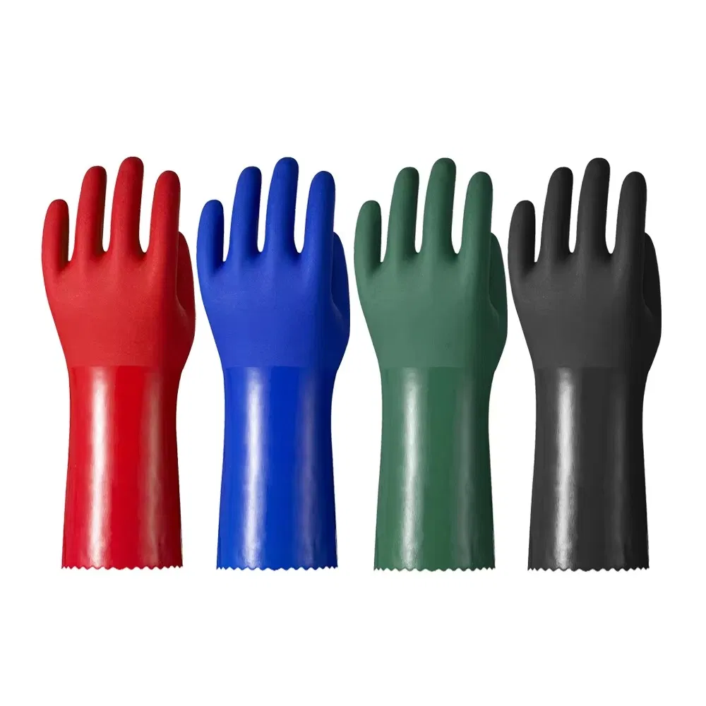Guanti in PVC Doppio Bagno con Rivestimento in Cotone/Poliestere, Polsino Lungo, Resistenti agli Agenti Chimici e all'Olio