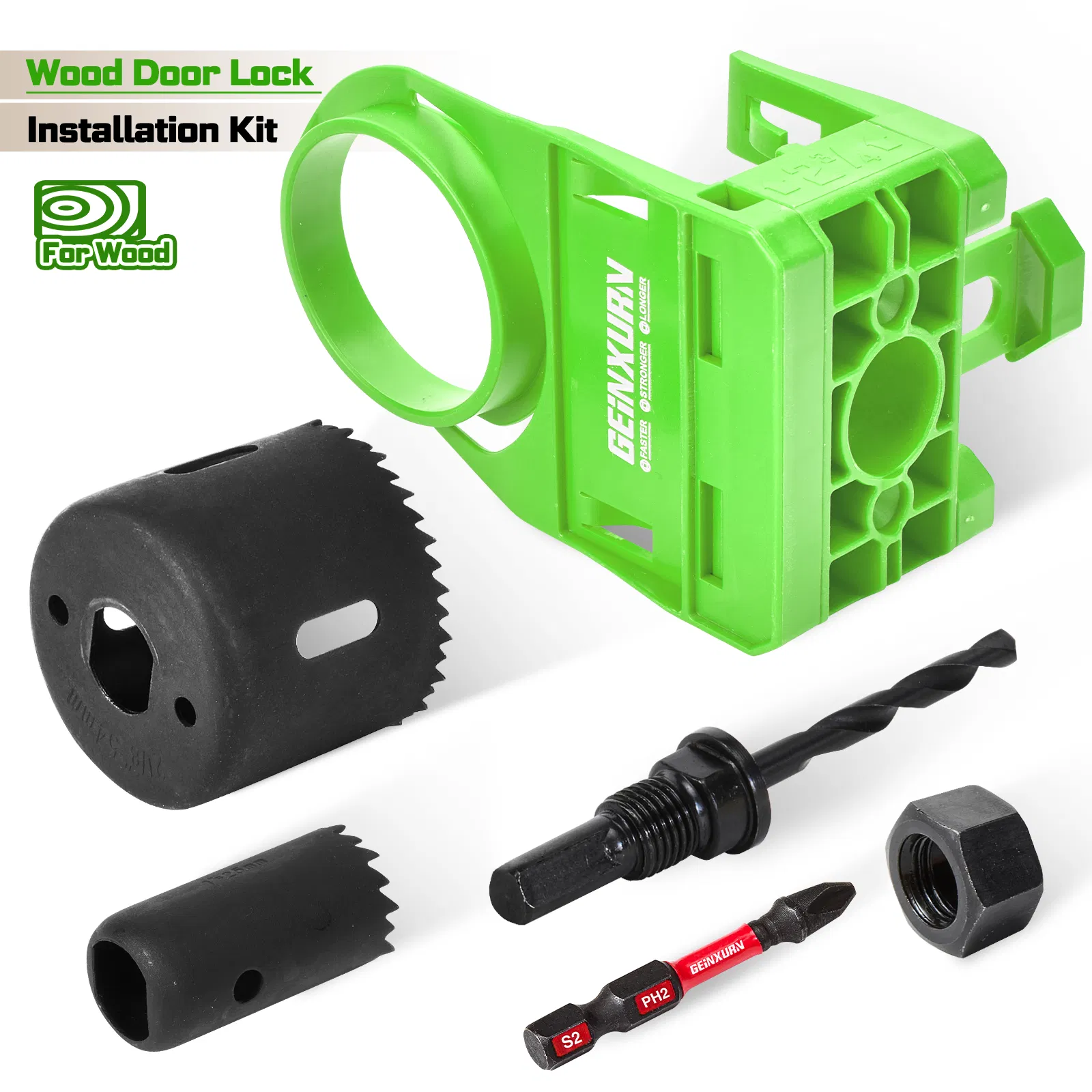 Installation Kit for Wood Doors Includes Door Lock with Guide Template Drill Bits Tension Hole Saw
