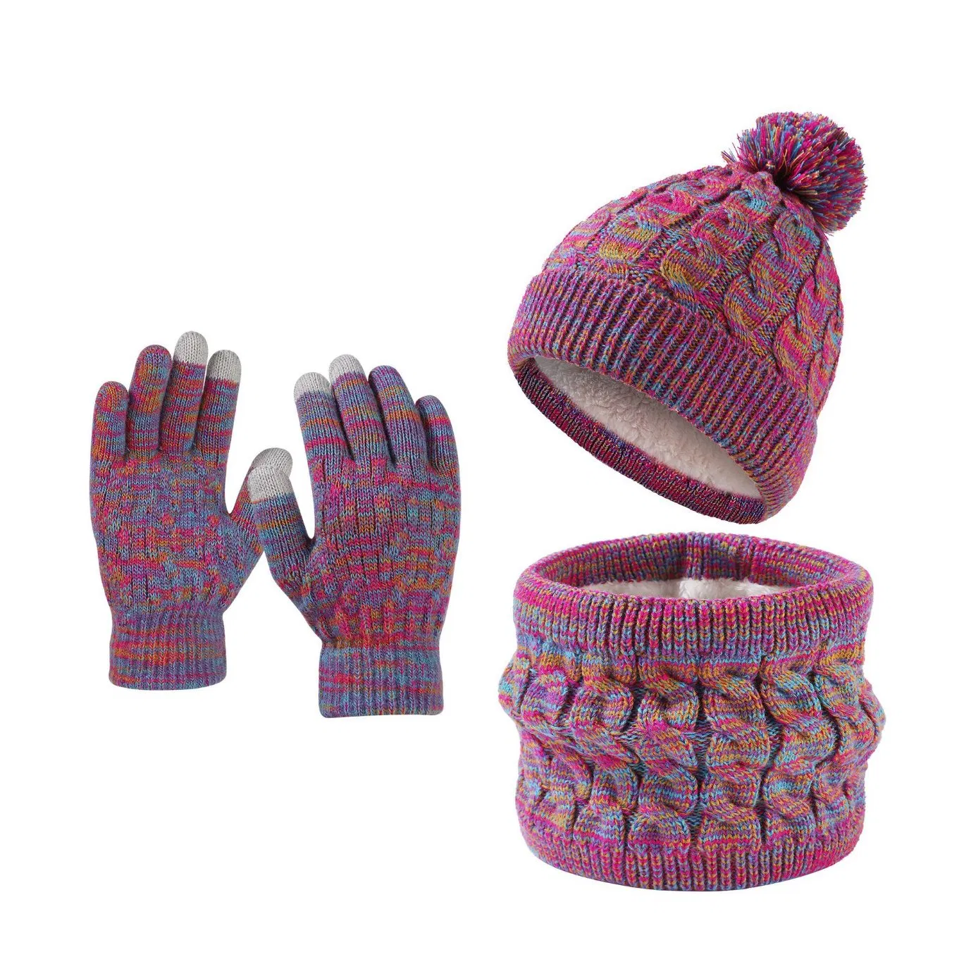Rainbow Cable Knit Winter Hat Scarf Gloves 3-Piece Winter Knit Set