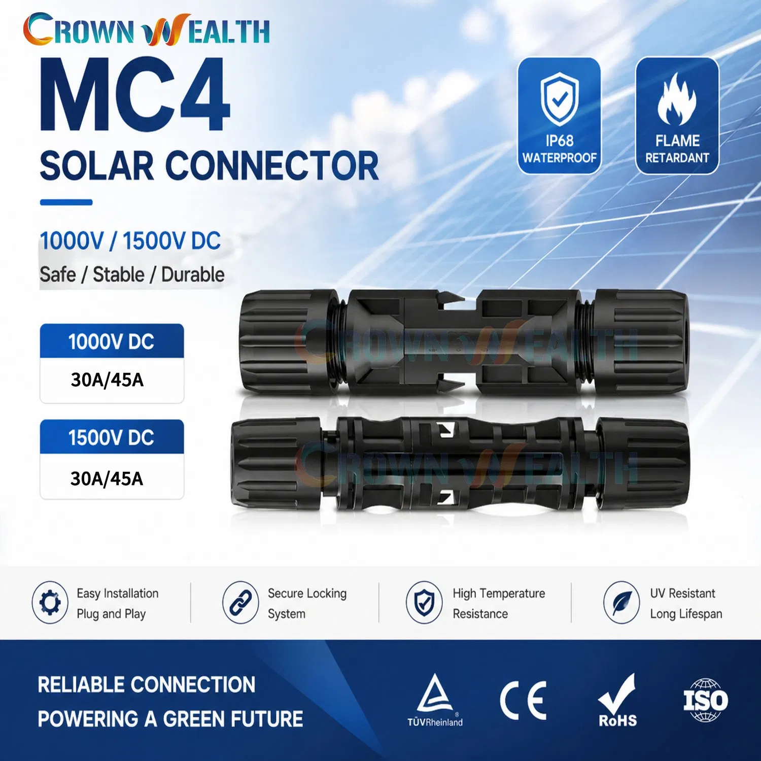 IP67 Waterproof Antiflaming UV MC Solar Panel Connector for Rooftop Solar System