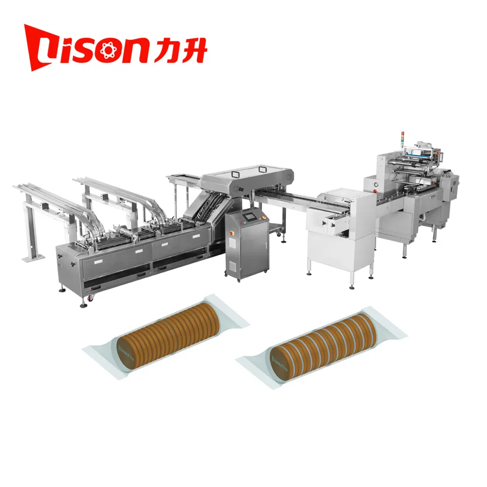 Macchina automatica per la preparazione di biscotti sandwich a doppia pista con macchina confezionatrice per il confezionamento a filo