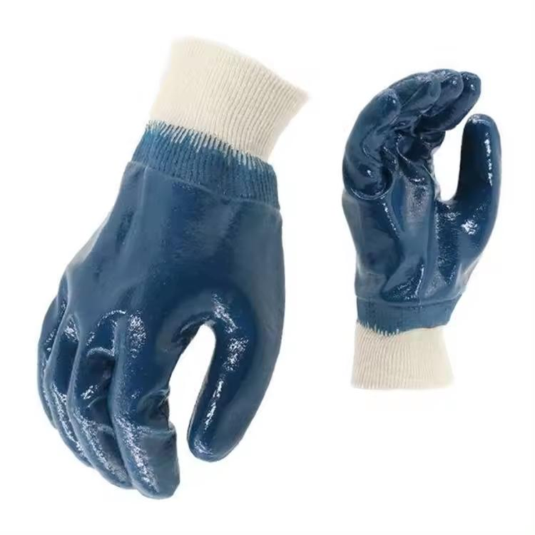 Heavy Duty Anti Oil Waterproof Knit Wrist Cotton Jersey Lined NBR Fully Coated Nitrile Impregnated Gloves