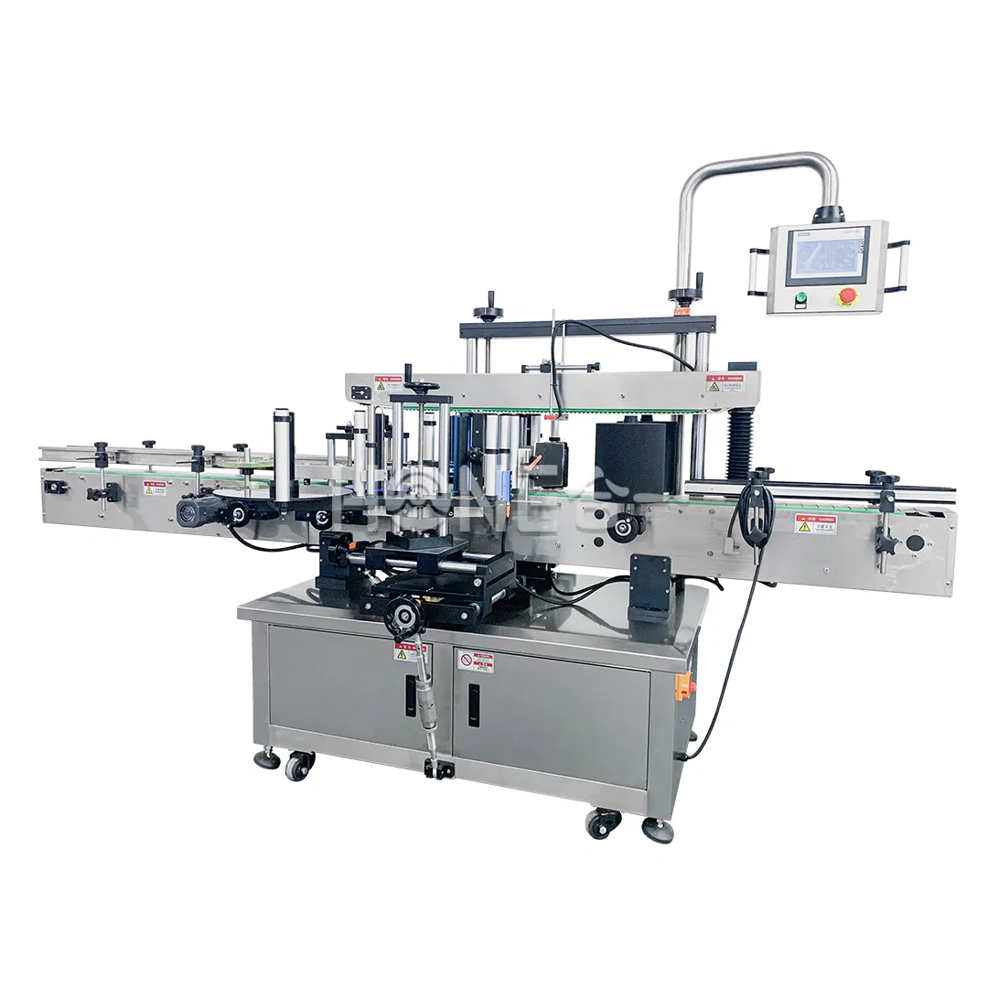 Hone Vollautomatische doppelseitige Etikettiermaschine für runde flache Kunststoffflaschen