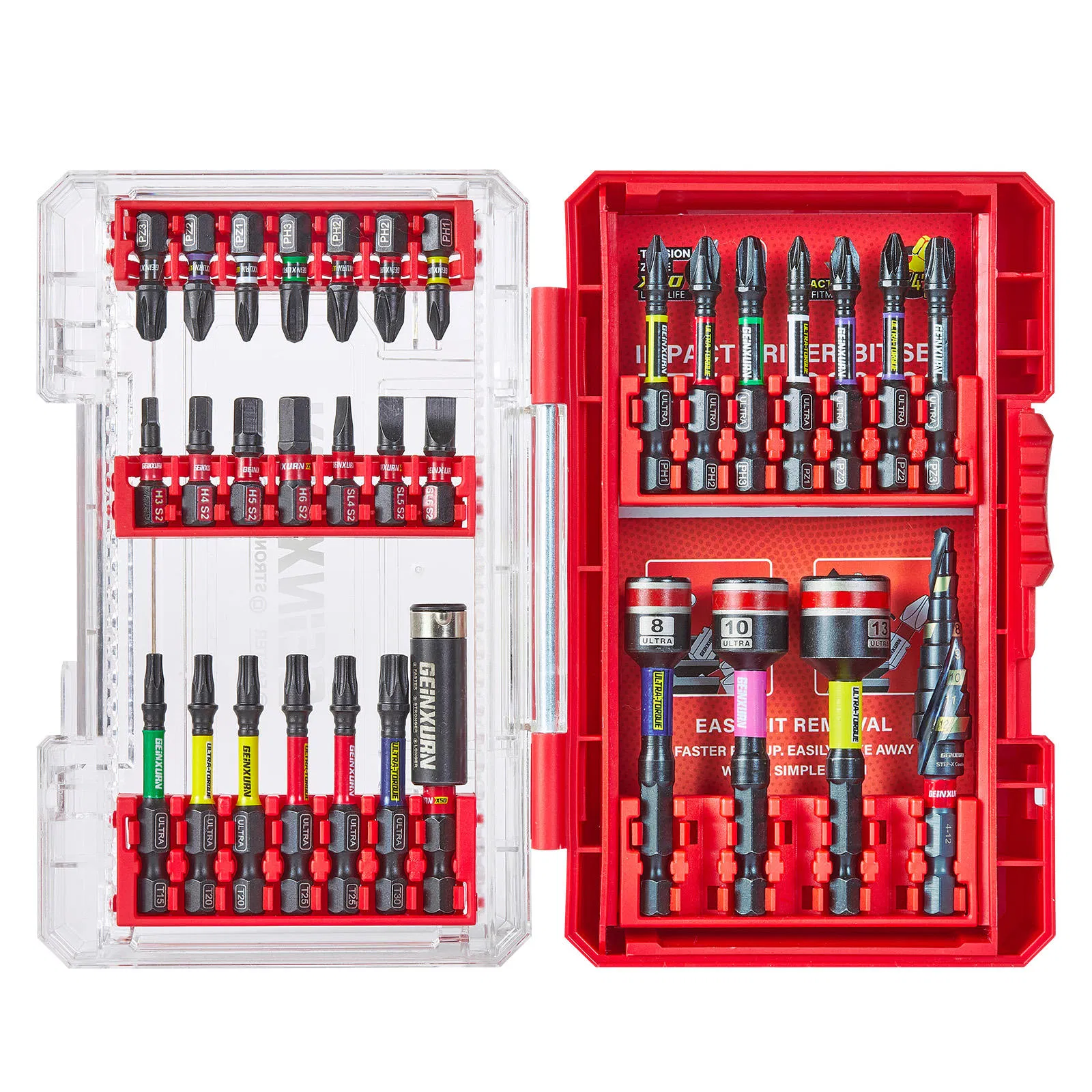 Geinxurn 32PCS Industrial Impact Screwdriver Set 25mm 50mm Nut Driver & 65mm Step Drill S2 Steel Phillips Color-Coded Bits