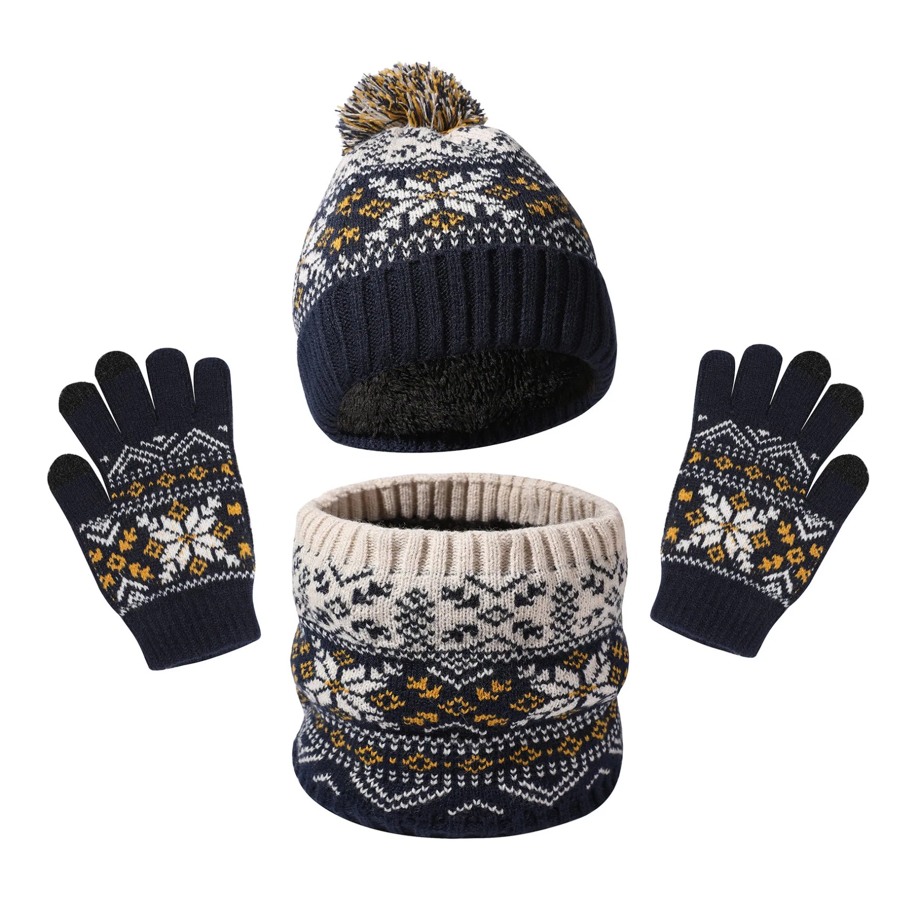 Retro Fashion Snowflake Pattern Beanie Neck Gaiter & Touchscreen Gloves Knit Set