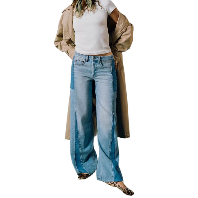 Jeans casual a gamba larga da donna personalizzati, stile americano, drappeggio elegante, elasticizzati, con toppe, a vita bassa, dalla vestibilità ampia
