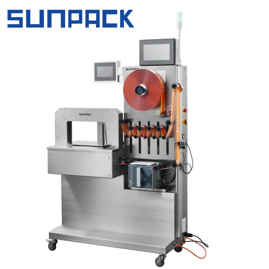 Macchina fasciatrice con alimentazione sottovuoto Sunpack con stampante, fasciatrice da 75 mm e 150 mm, macchina per il confezionamento di vassoi alimentari
