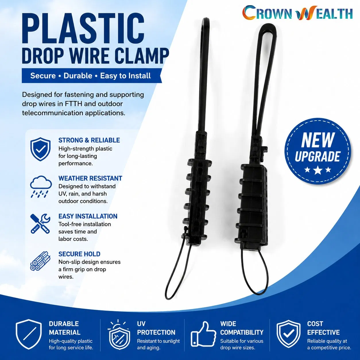 Plastic Flat Telecom Fiber Optic Tension Drop Wire Cable Clamp for FTTH